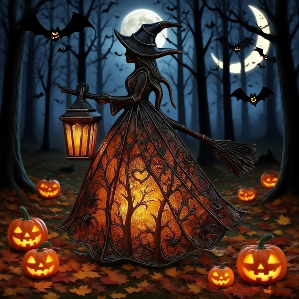 Halloween Witch Decoration Figurine with LED Lantern and Broomstick for Party - Image 5
