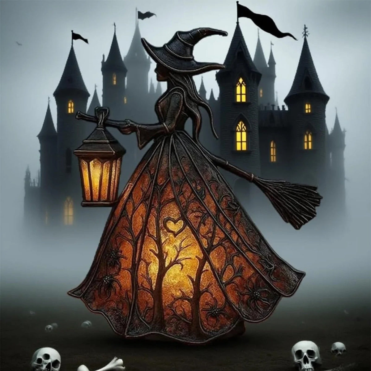 Halloween Witch Decoration Figurine with LED Lantern and Broomstick for Party - Image 7