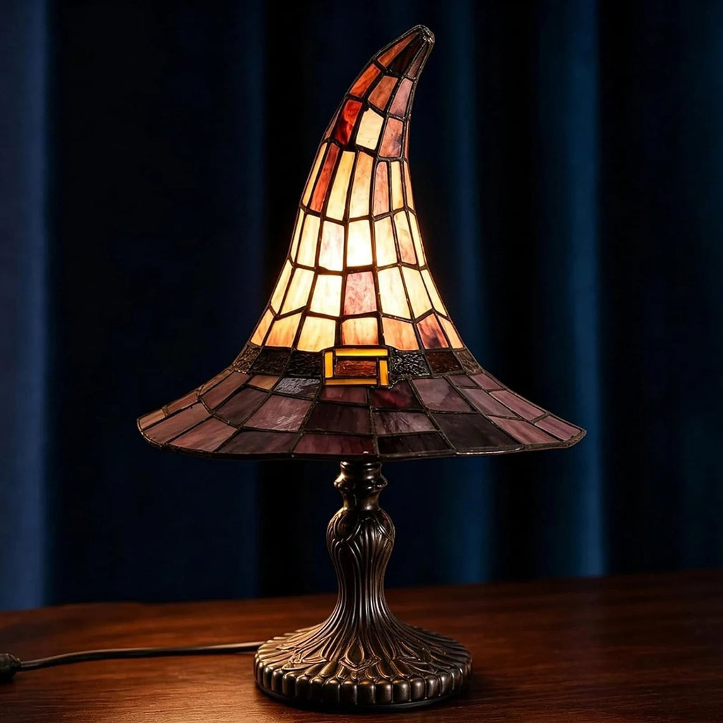 Halloween Witch Hat Stained Glass Table Lamp with Bronze Base and USB Powered Warm Light - Image 1