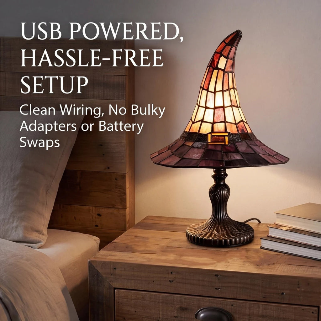 Halloween Witch Hat Stained Glass Table Lamp with Bronze Base and USB Powered Warm Light - Image 2