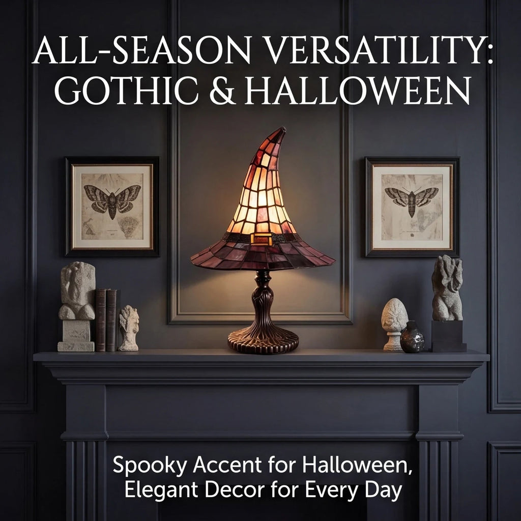 Halloween Witch Hat Stained Glass Table Lamp with Bronze Base and USB Powered Warm Light - Image 3