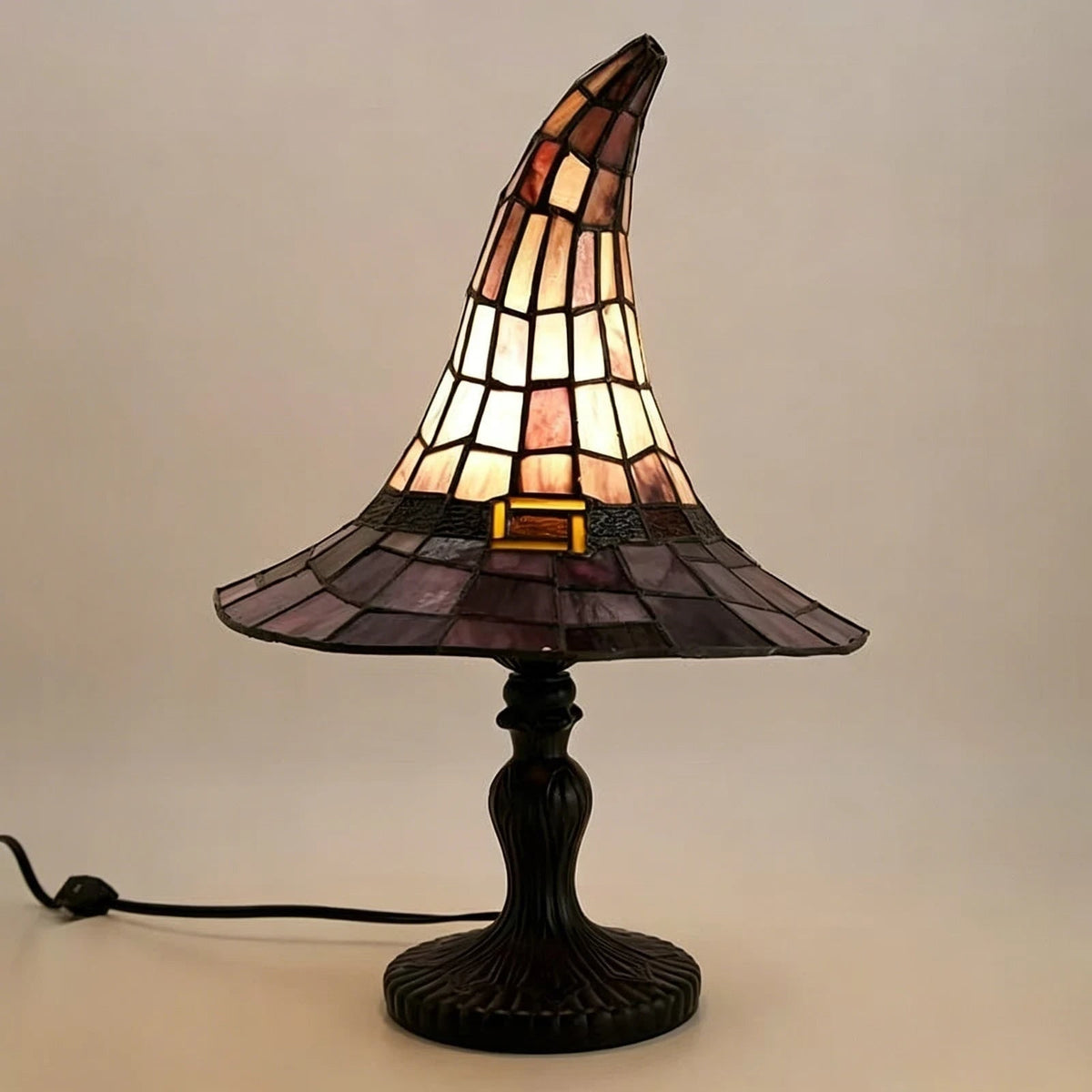 Halloween Witch Hat Stained Glass Table Lamp with Bronze Base and USB Powered Warm Light - Image 4