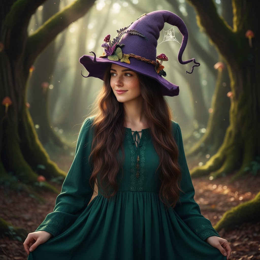 Halloween Witch Hat with Spiderweb Embroidery and Floral Design for Costume Party - Image 1