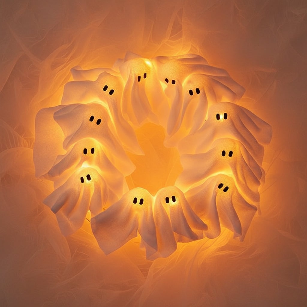 Halloween Wreath with LED Ghost Lights and Gauze Fabric for Door Party Decoration - Image 1