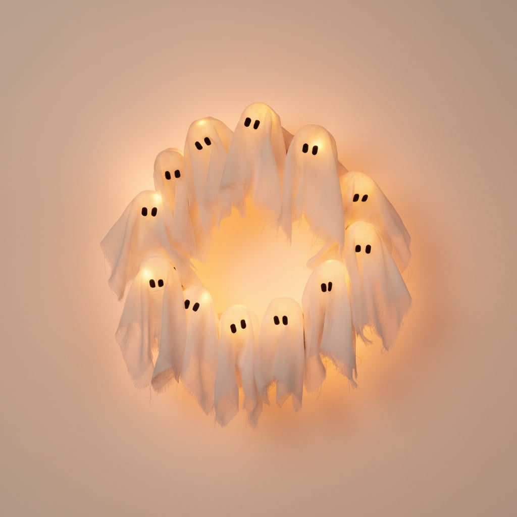 Halloween Wreath with LED Ghost Lights and Gauze Fabric for Door Party Decoration - Image 2