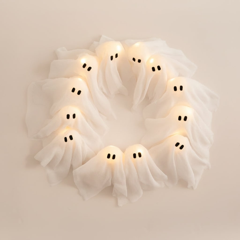 Halloween Wreath with LED Ghost Lights and Gauze Fabric for Door Party Decoration - Image 3