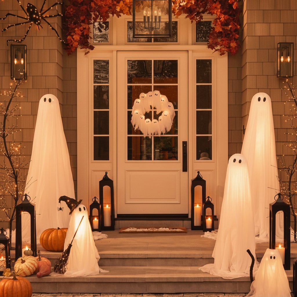 Halloween Wreath with LED Ghost Lights and Gauze Fabric for Door Party Decoration - Image 5