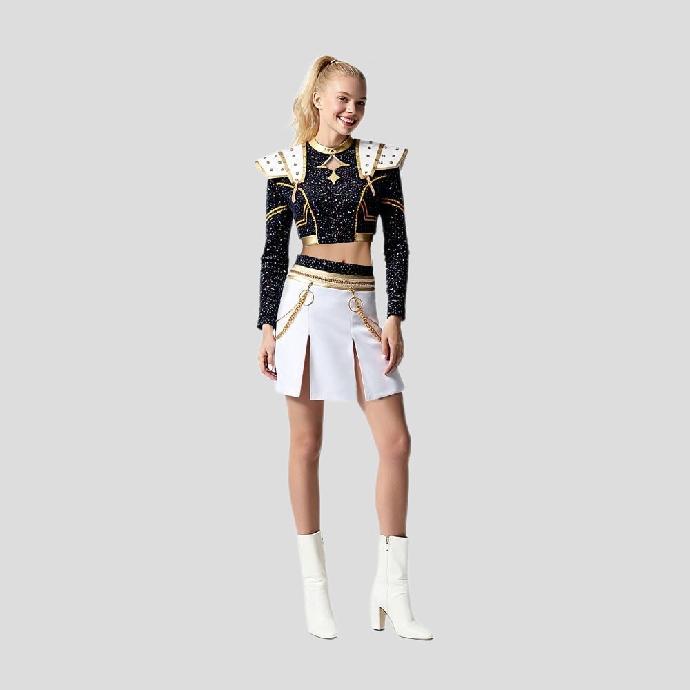 Halloween Zombie Cheerleader Costume with Crop Top Pleated Skirt and Wig Outfit - Image 4