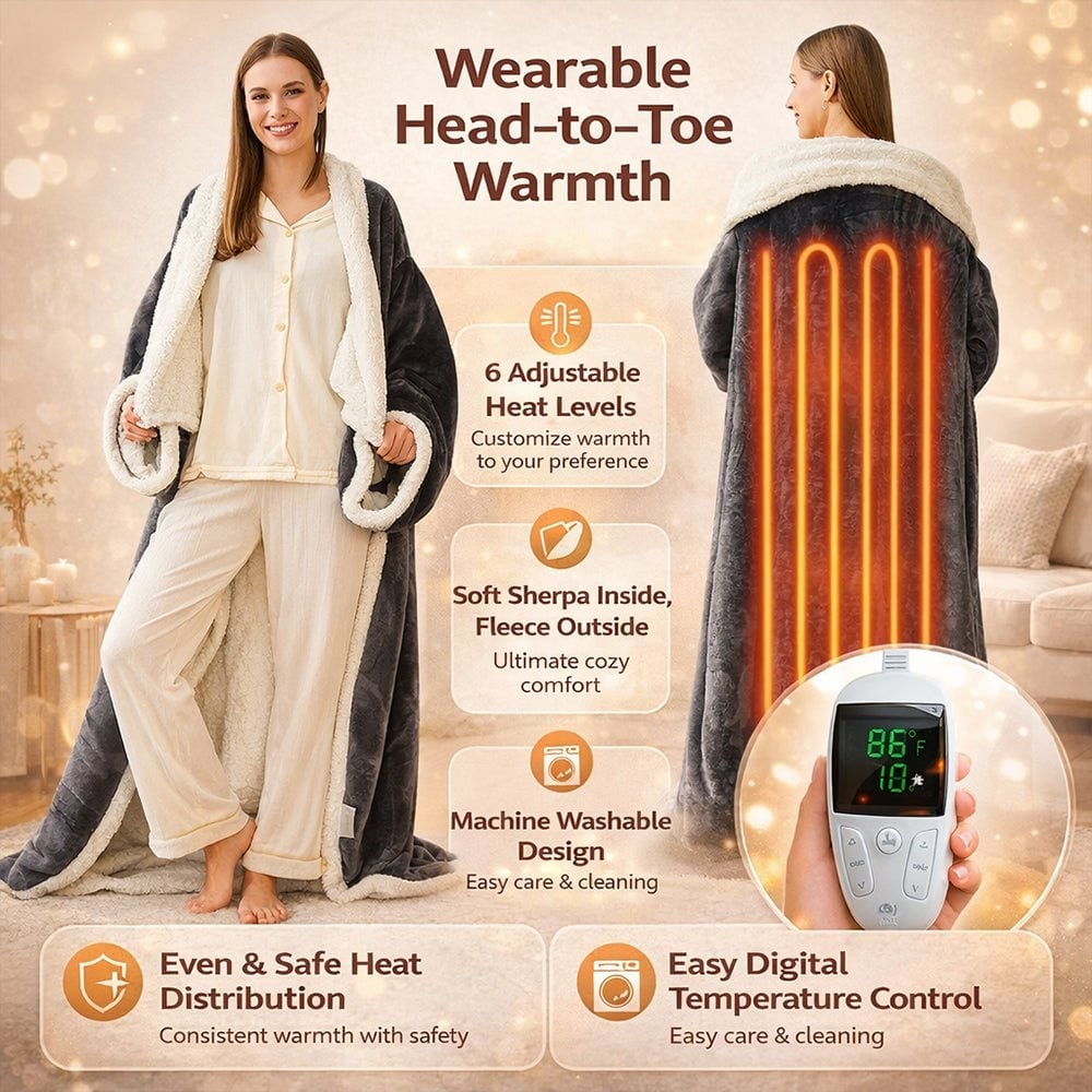 Heated Wearable Blanket with Sleeves Foot Pocket and Sherpa Fleece Lining - Image 2