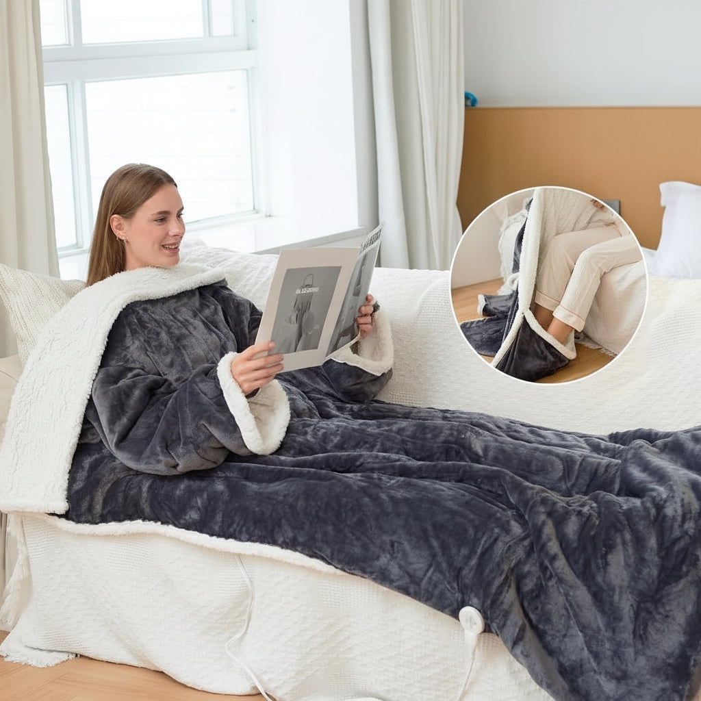 Heated Wearable Blanket with Sleeves Foot Pocket and Sherpa Fleece Lining - Image 3