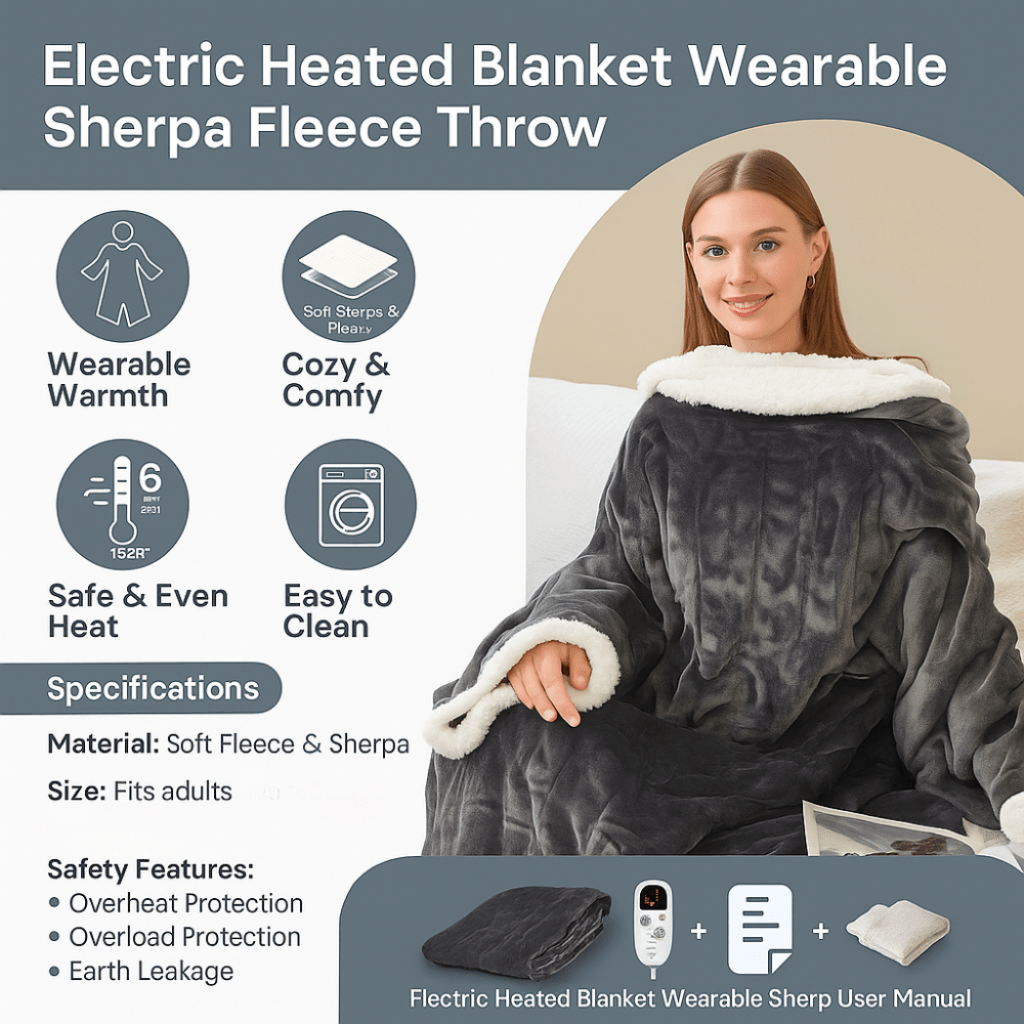 Heated Wearable Blanket with Sleeves Foot Pocket and Sherpa Fleece Lining - Image 6