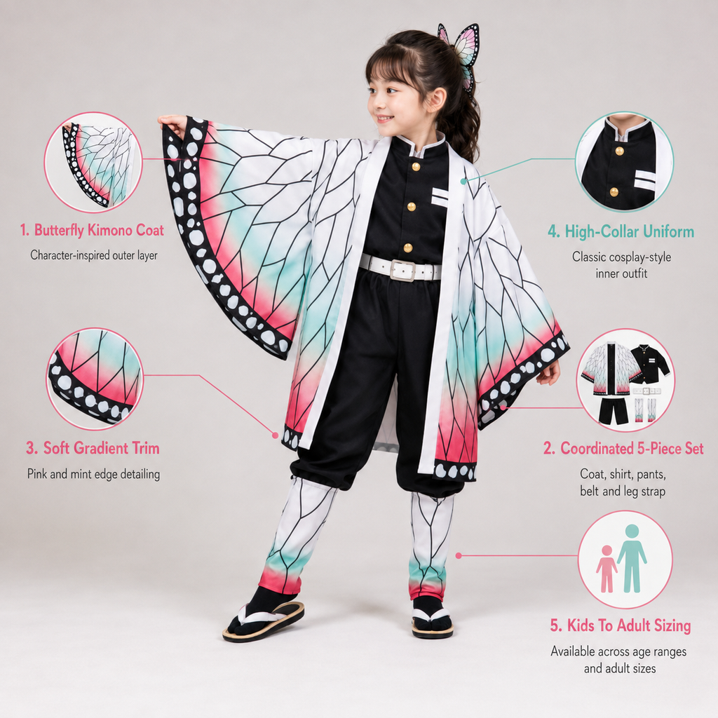 Kids' Anime Cosplay Costume with Butterfly Kimono Coat High-Collar Shirt and Accessories Five-Piece Set - Image 4