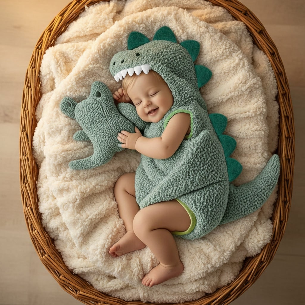 Kids' Dinosaur Costume Hooded Romper with Sherpa Fleece, Stuffed Tail and Spikes - Image 1
