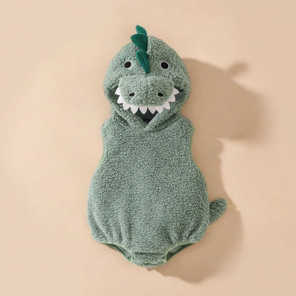 Kids' Dinosaur Costume Hooded Romper with Sherpa Fleece, Stuffed Tail and Spikes - Image 2