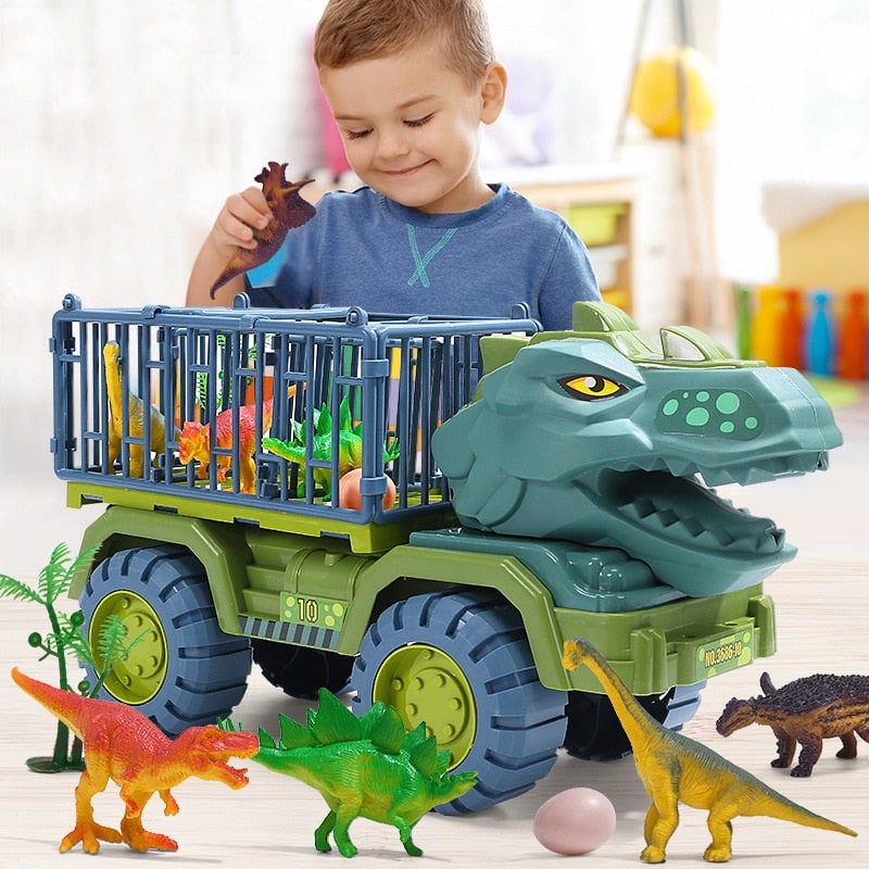Kids' Dinosaur Toy Truck Transport Set with T Rex Figures and Cage Enclosure - Image 1