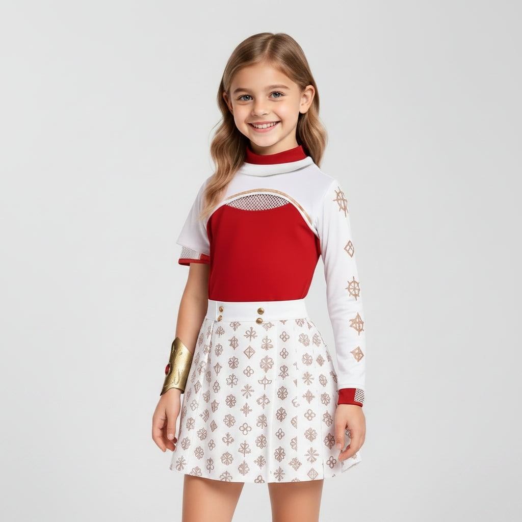 Kids' Halloween Anime Cosplay Costume with Blonde Red High-Neck Top Gold Geometric Details Mesh Shrug - Image 1