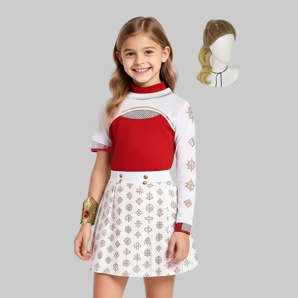 Kids' Halloween Anime Cosplay Costume with Blonde Red High-Neck Top Gold Geometric Details Mesh Shrug - Image 3
