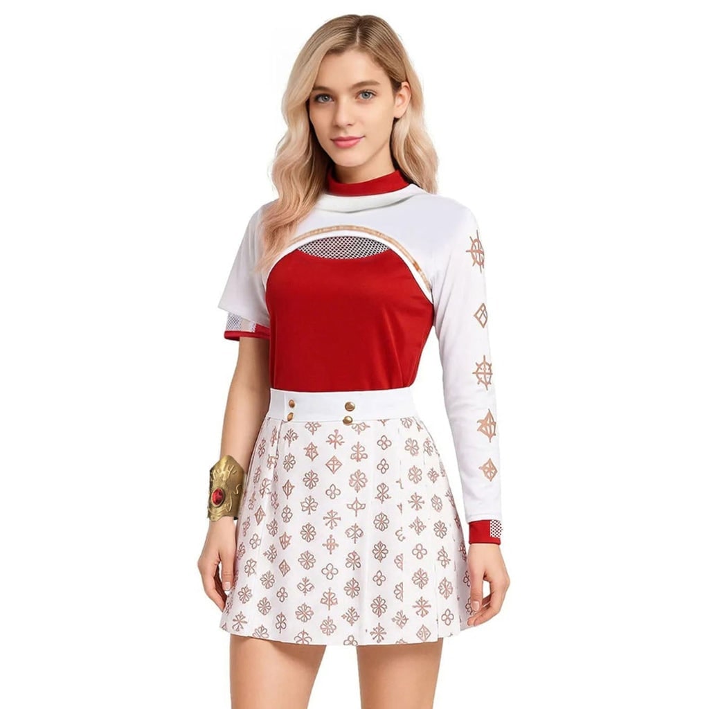 Kids' Halloween Anime Cosplay Costume with Blonde Red High-Neck Top Gold Geometric Details Mesh Shrug - Image 4
