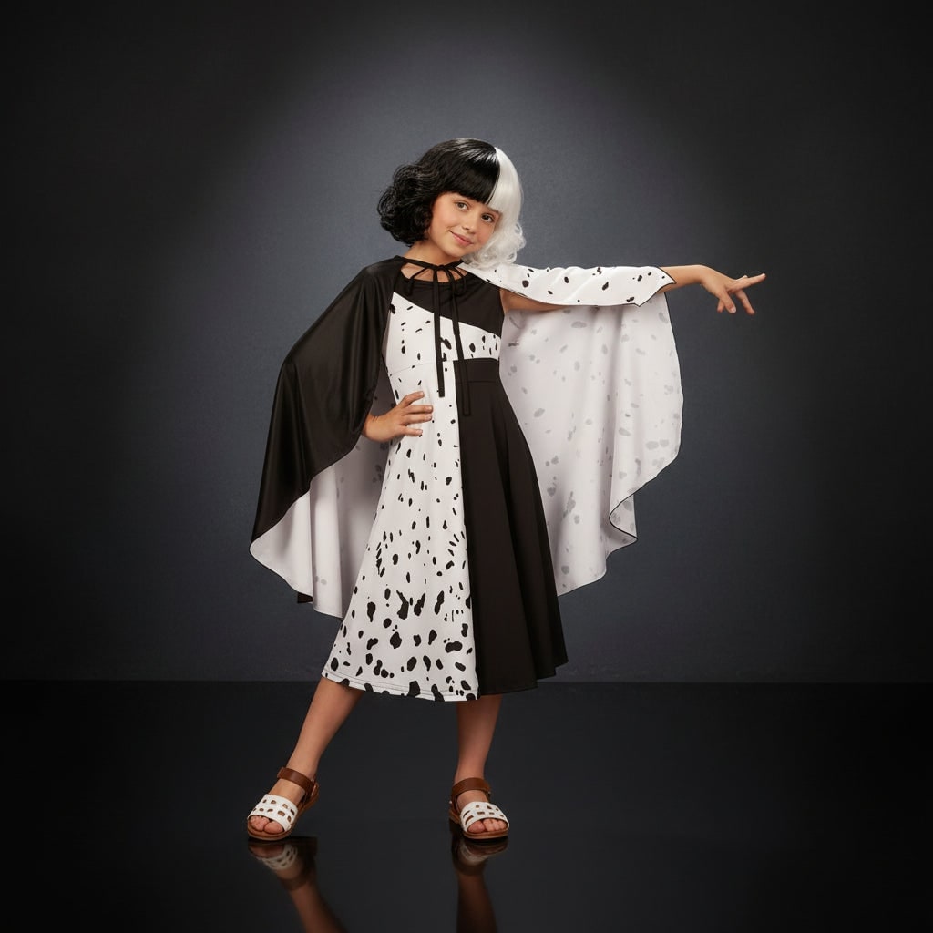 Kids' Halloween Costume Villain Black and White Dalmatian Dress with Cape and Set - Image 1