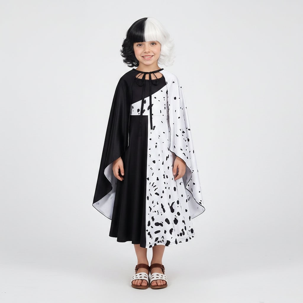 Kids' Halloween Costume Villain Black and White Dalmatian Dress with Cape and Set - Image 4
