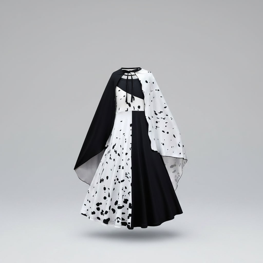 Kids' Halloween Costume Villain Black and White Dalmatian Dress with Cape and Set - Image 5