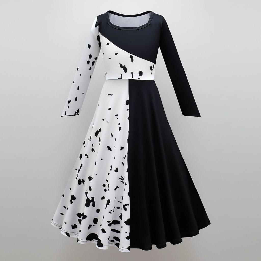 Kids' Halloween Costume Villain Black and White Dalmatian Dress with Cape and Set - Image 6