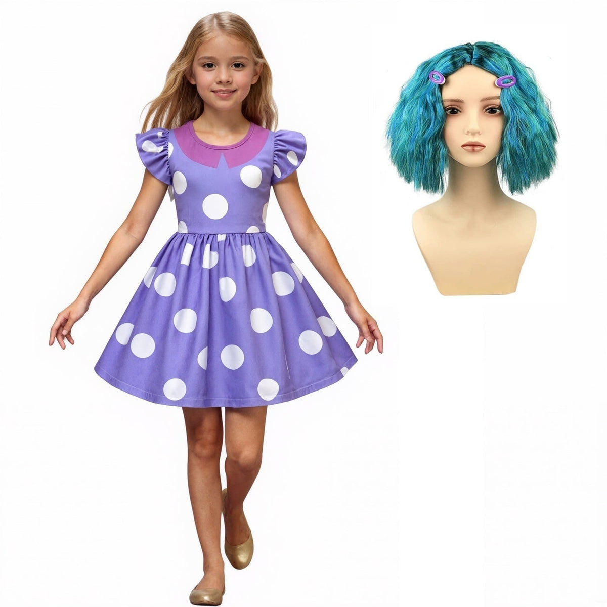 Kids' Halloween Costume with Polka Dot Ruffled Sleeves and Printed Faux Collar for Party - Image 2