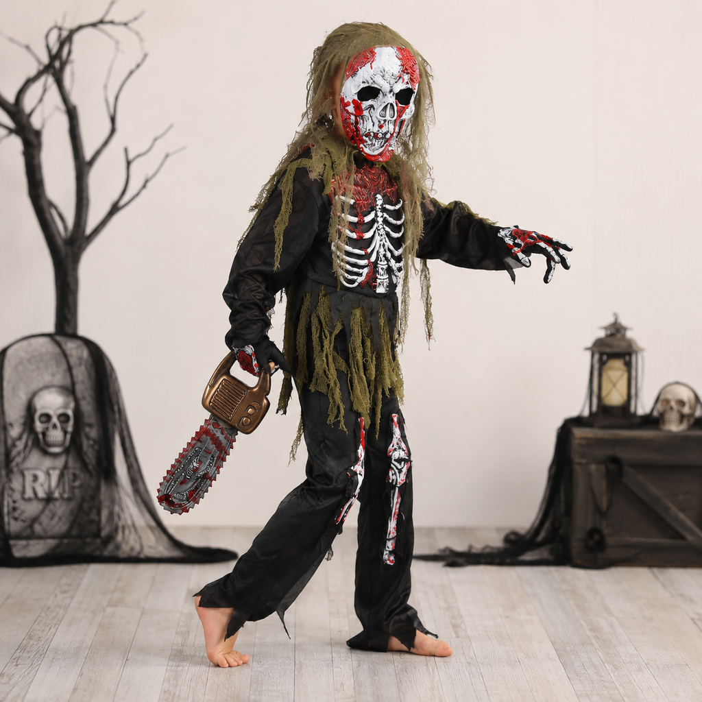 Kids' Halloween Costume Zombie Skeleton with Mask and Gloves Three-Piece Set - Image 1