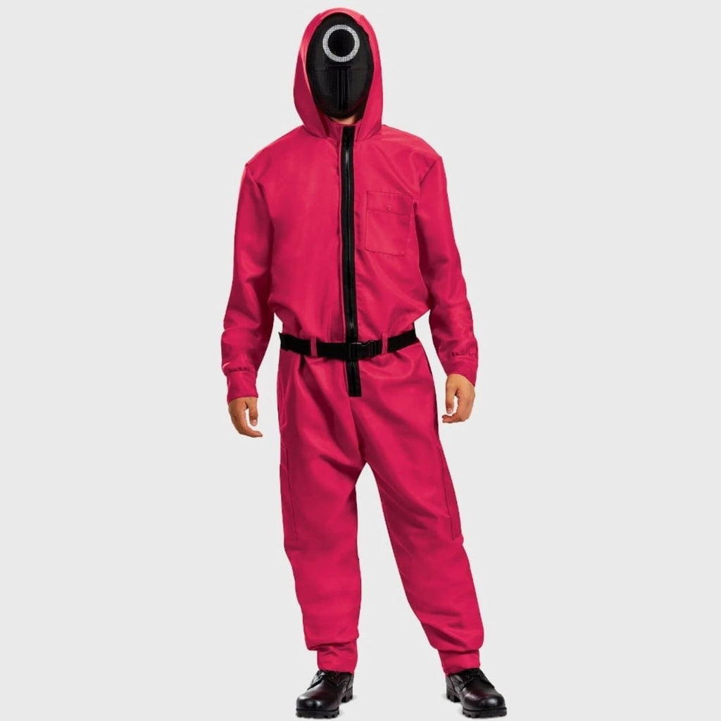 Kids' Halloween Game Costume Jumpsuit with Red Hooded Design Black Mesh Mask and Belt for Party - Image 3