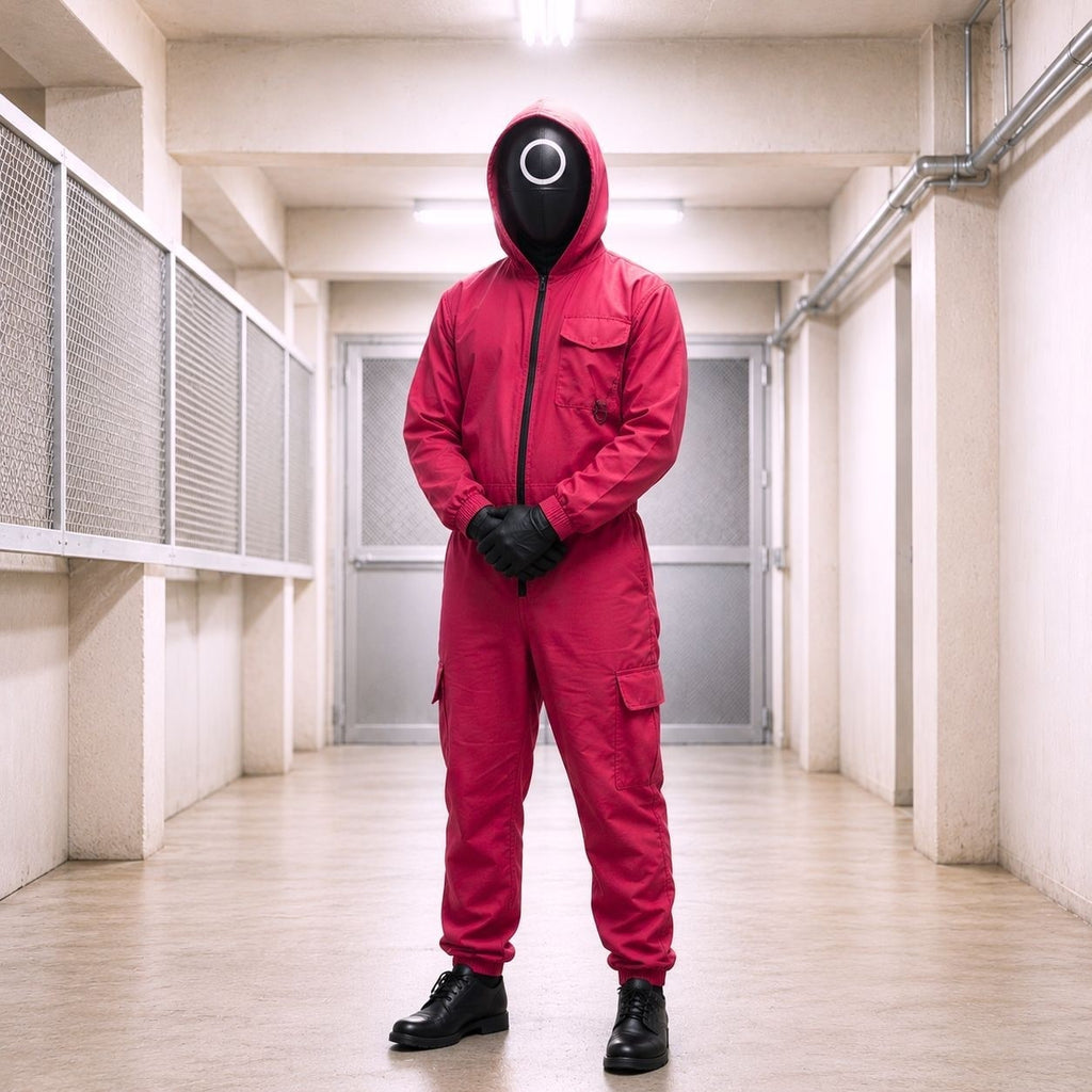 Kids' Halloween Game Costume Jumpsuit with Red Hooded Design Black Mesh Mask and Belt for Party - Image 4