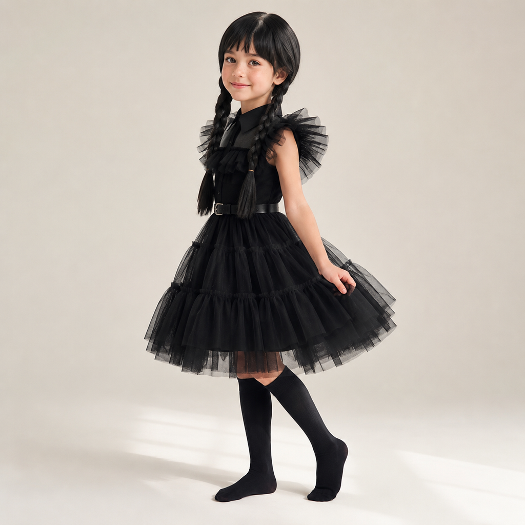 Kids' Halloween Gothic Dress Costume with Tulle Skirt Wig and Accessories - Image 1