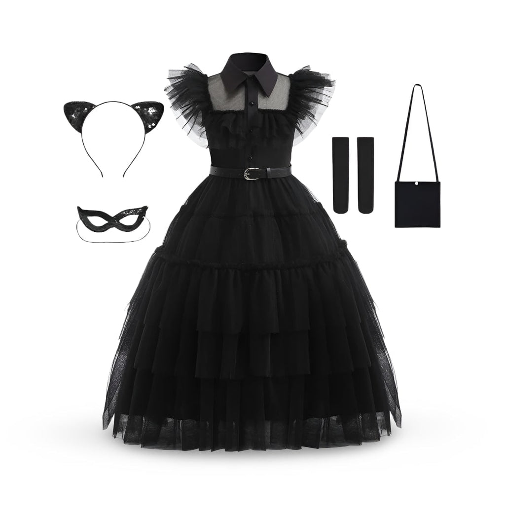 Kids' Halloween Gothic Dress Costume with Tulle Skirt Wig and Accessories - Image 4