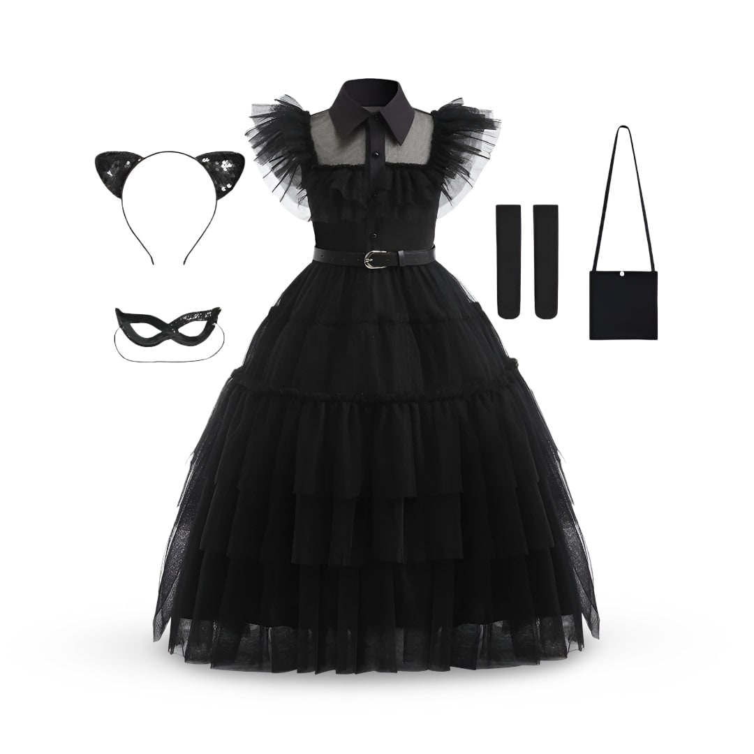 Kids' Halloween Gothic Dress Costume with Tulle Skirt Wig and Accessories - Image 4