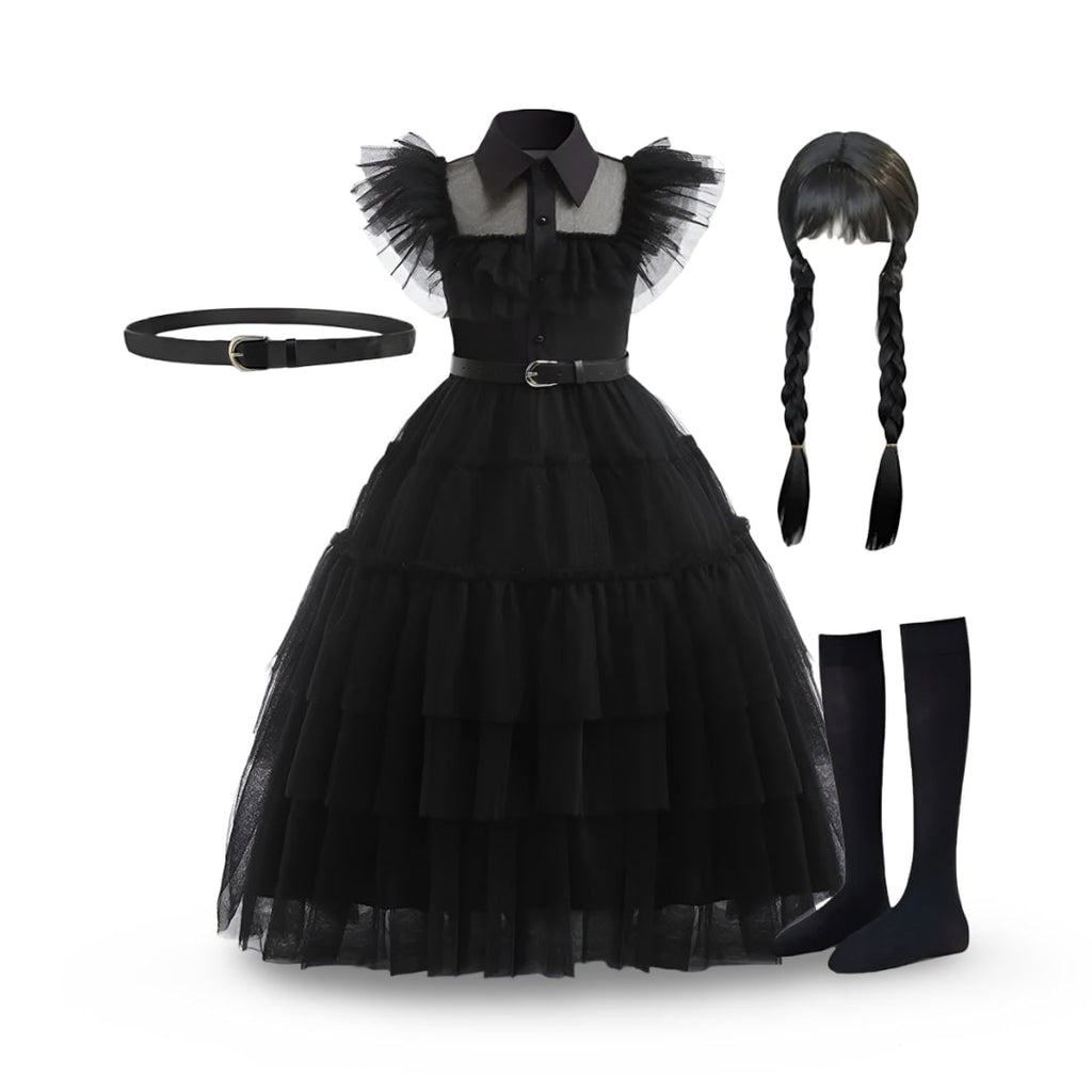Kids' Halloween Gothic Dress Costume with Tulle Skirt Wig and Accessories - Image 5
