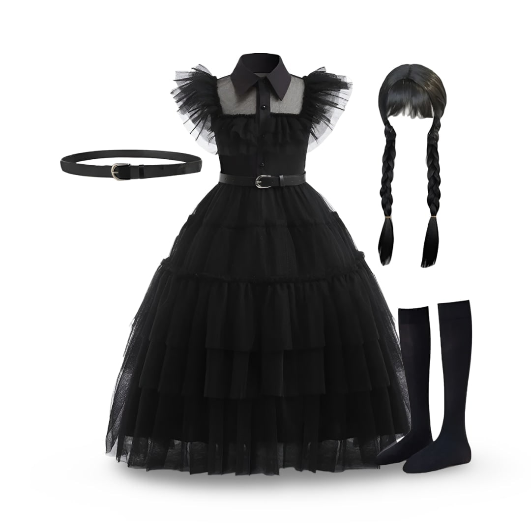 Kids' Halloween Gothic Dress Costume with Tulle Skirt Wig and Accessories - Image 5