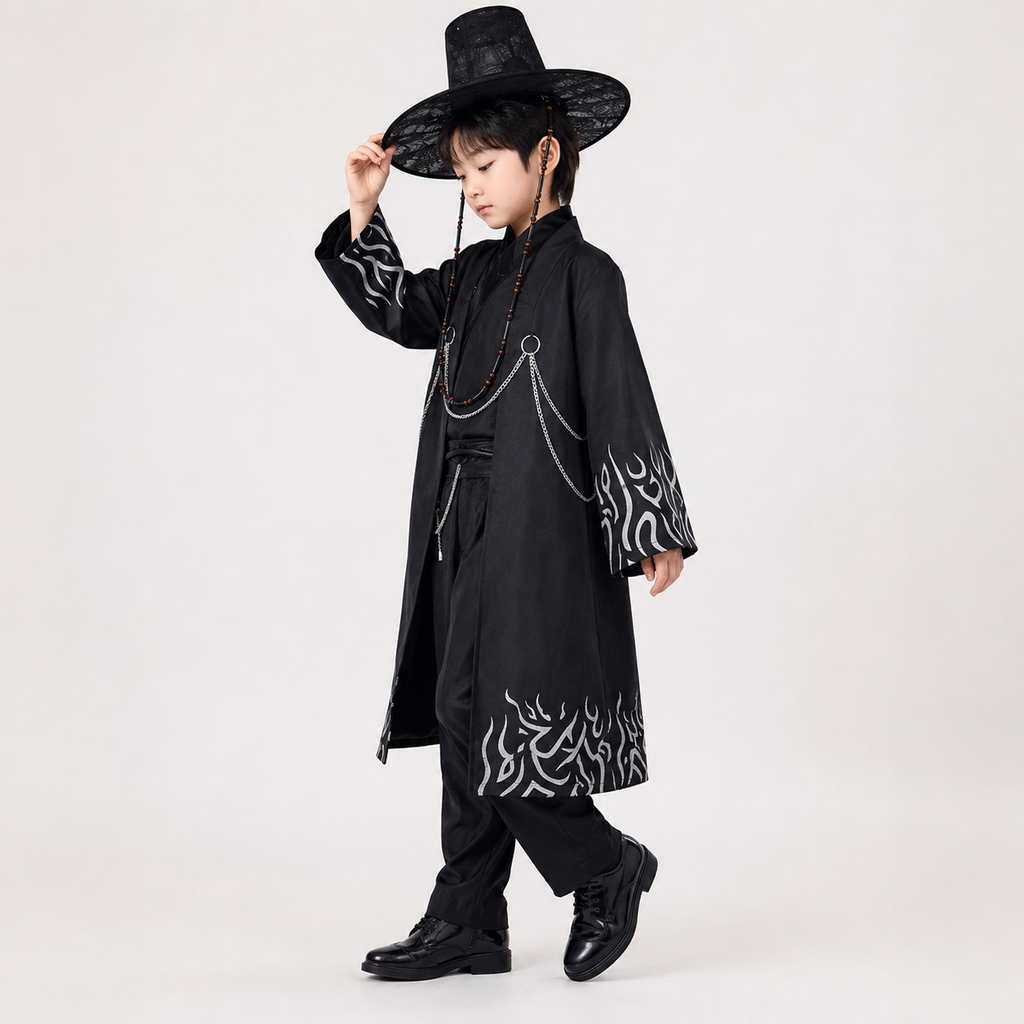 Kids' Halloween Korean Hanbok with Silver Flame Patterns Wide Bell Sleeves Woven Hat - Image 1