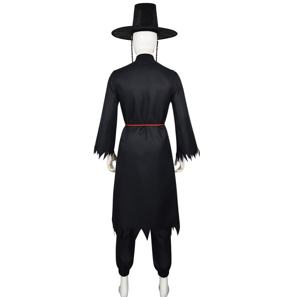 Kids' Halloween Korean Hanbok with Silver Flame Patterns Wide Bell Sleeves Woven Hat - Image 10