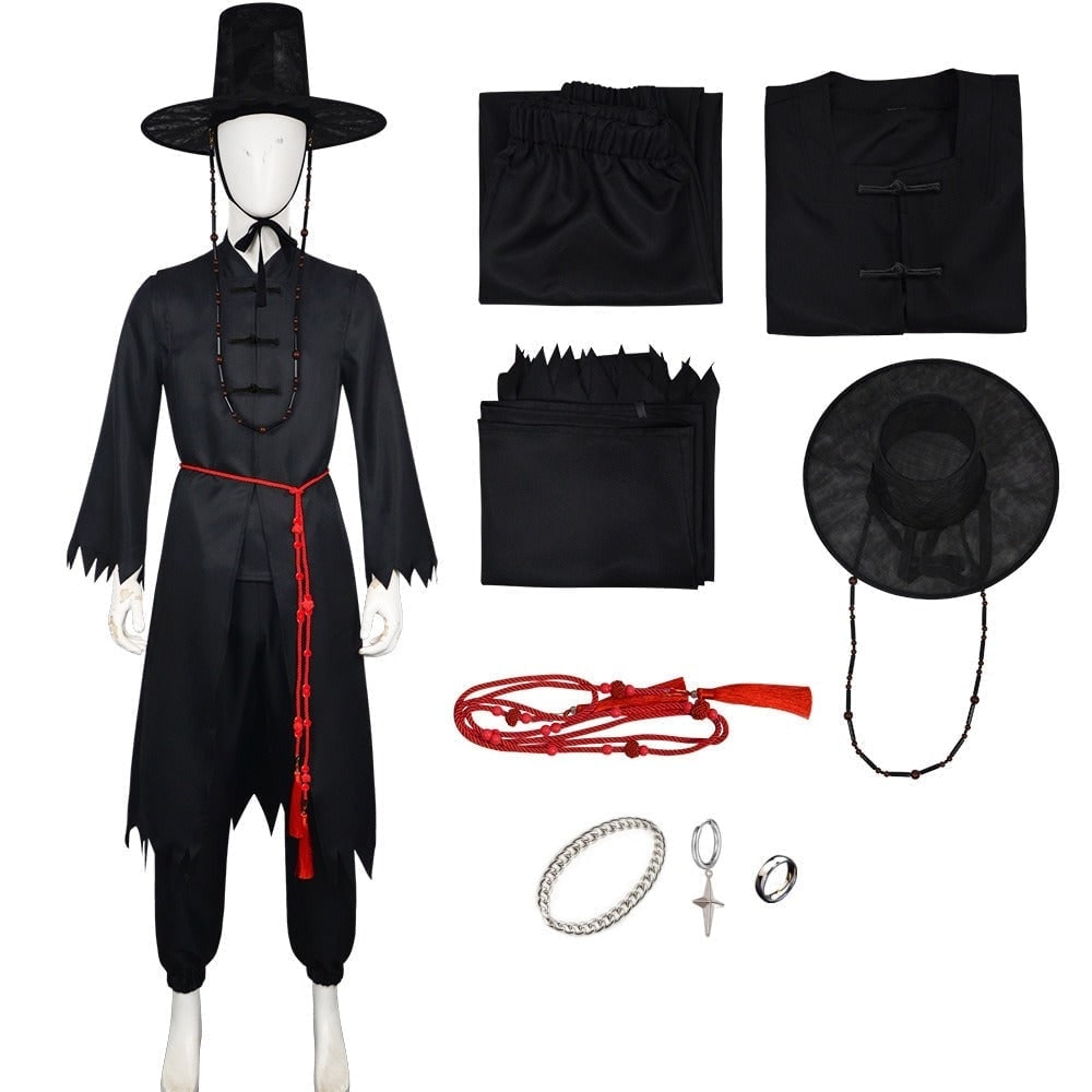 Kids' Halloween Korean Hanbok with Silver Flame Patterns Wide Bell Sleeves Woven Hat - Image 11