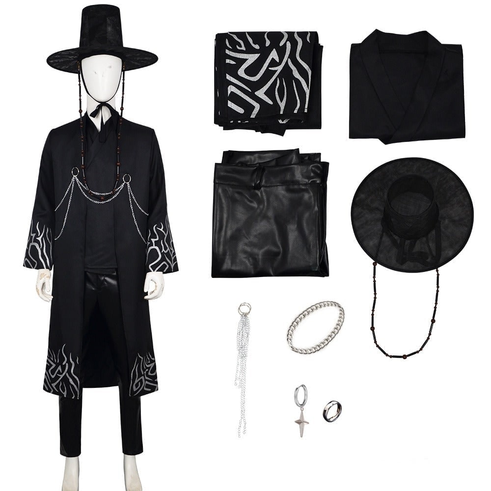 Kids' Halloween Korean Hanbok with Silver Flame Patterns Wide Bell Sleeves Woven Hat - Image 5