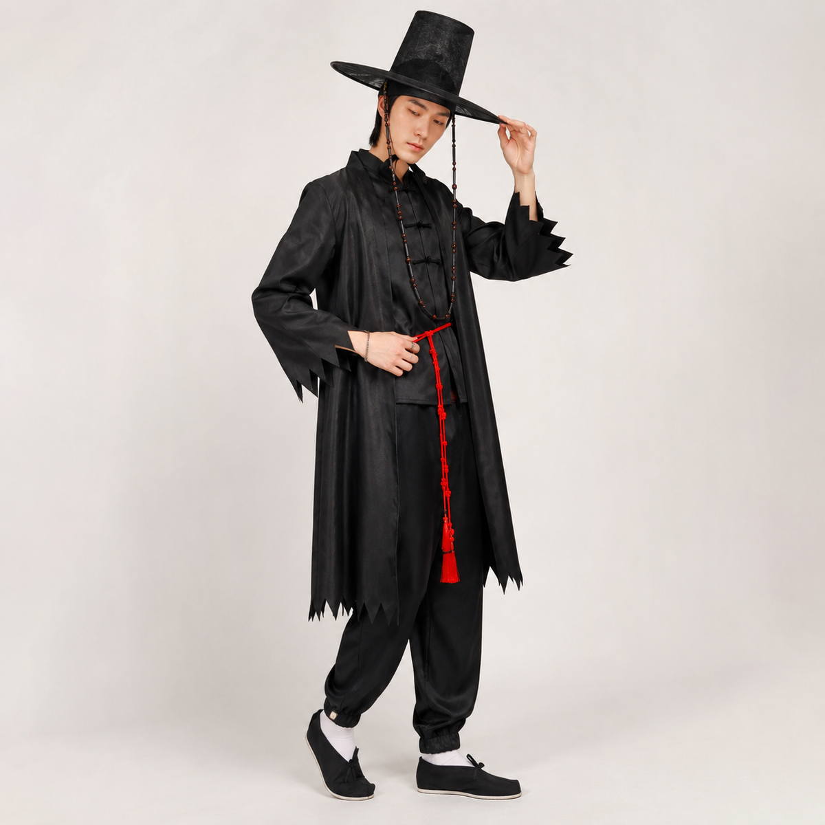 Kids' Halloween Korean Hanbok with Silver Flame Patterns Wide Bell Sleeves Woven Hat - Image 6
