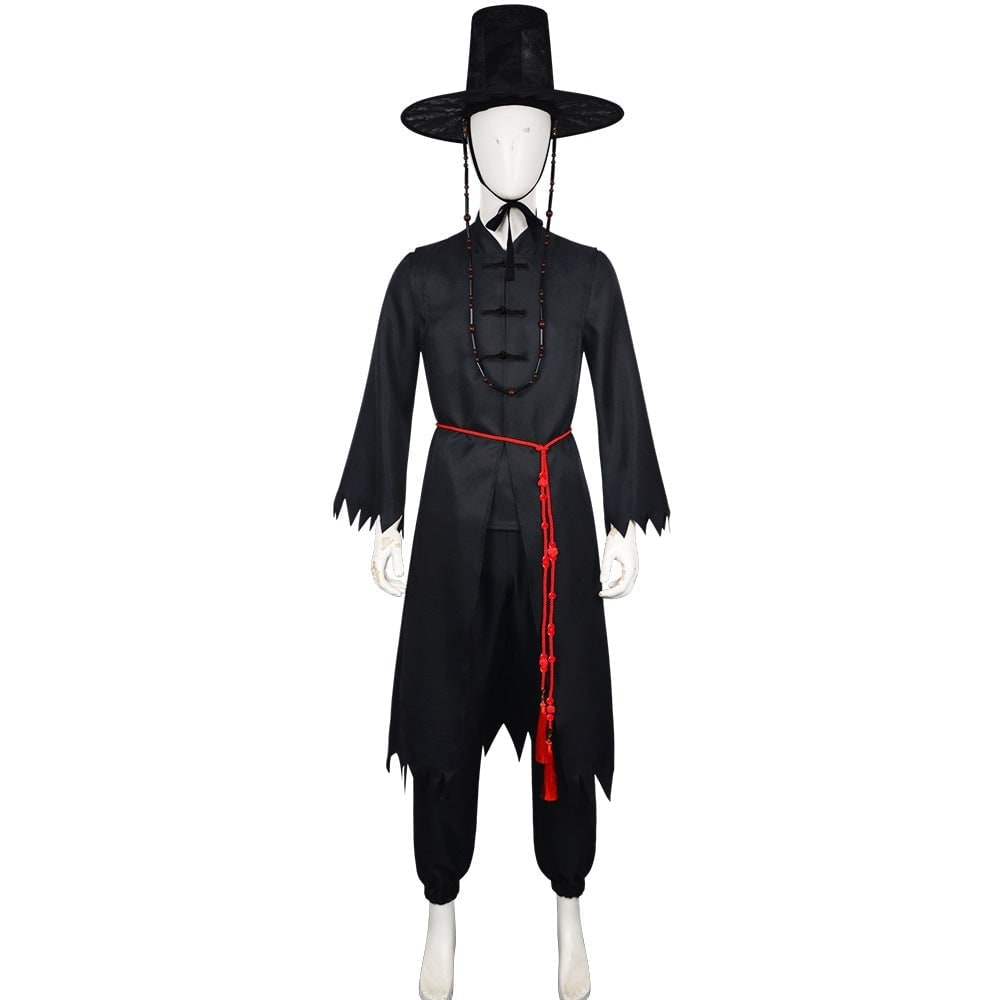 Kids' Halloween Korean Hanbok with Silver Flame Patterns Wide Bell Sleeves Woven Hat - Image 9