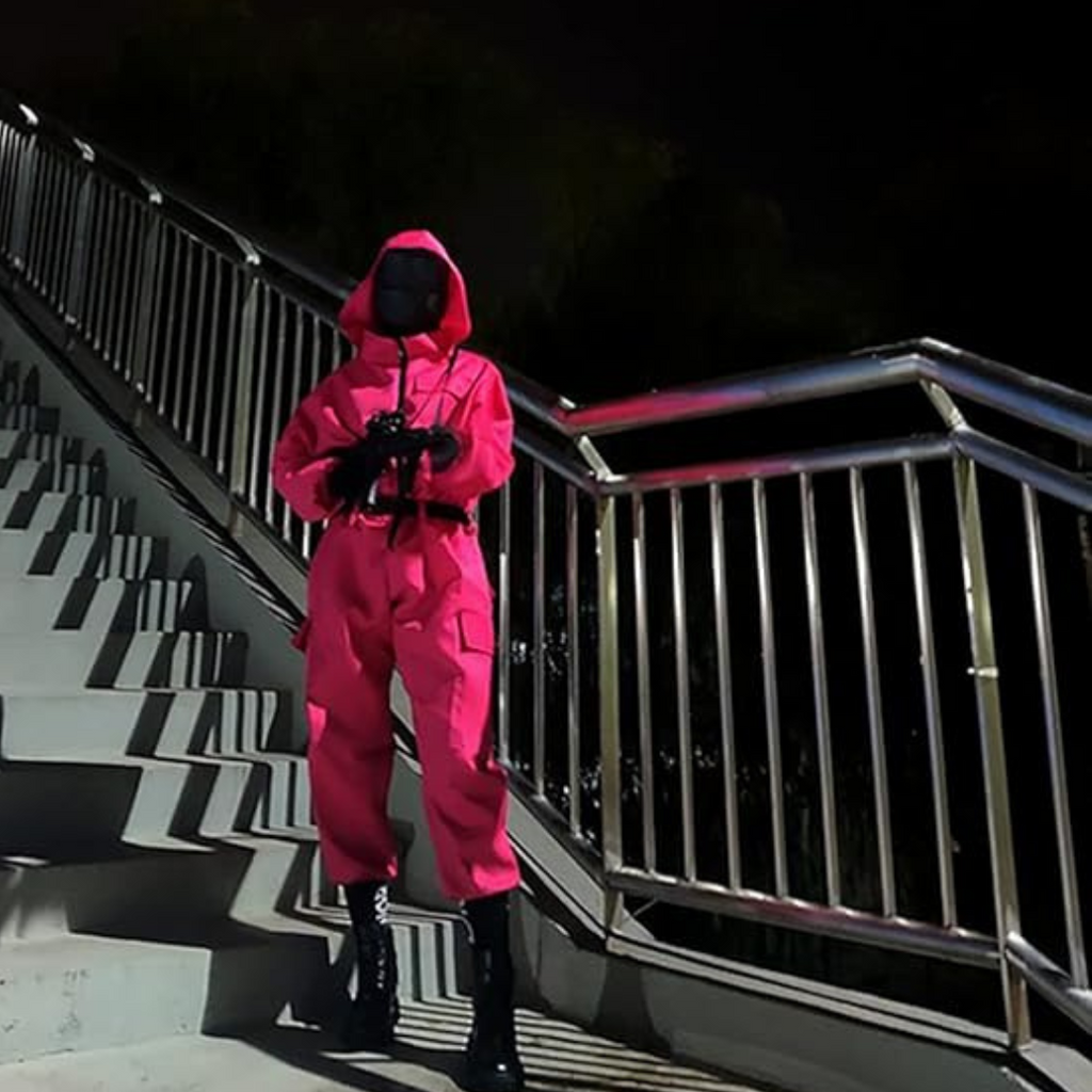 Kids' Halloween Pink Hooded Jumpsuit Costume with Black Belt and Cargo Pockets - Image 1