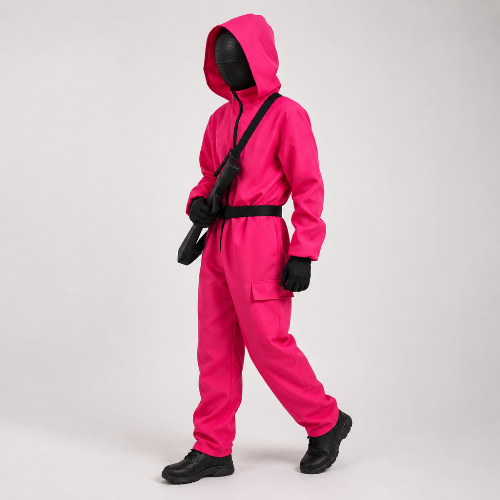 Kids' Halloween Pink Hooded Jumpsuit Costume with Black Belt and Cargo Pockets - Image 2