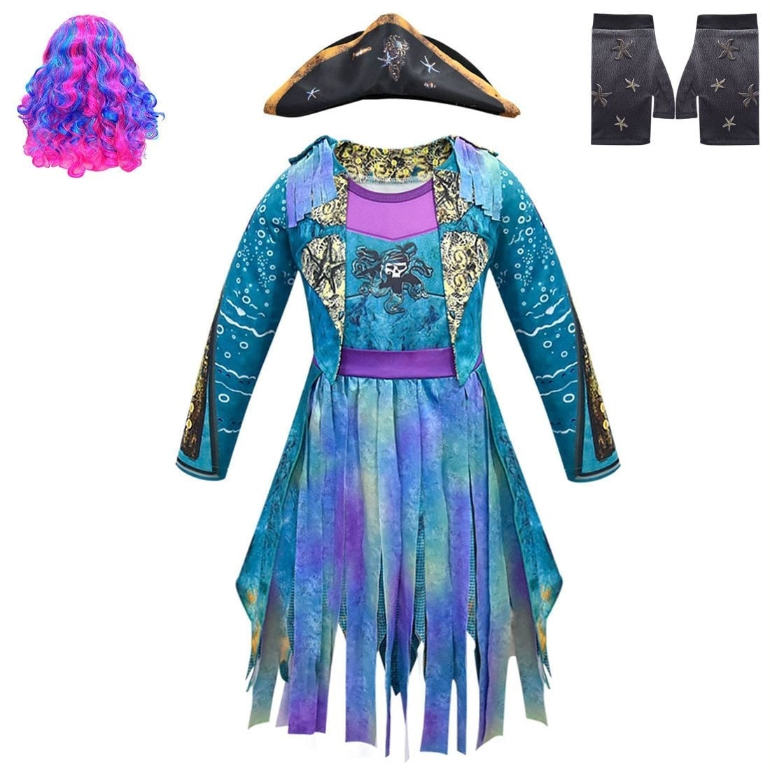 Kids' Halloween Pirate Costume with Skull Graphic Tattered Hem Tricorn and Accessories - Image 1