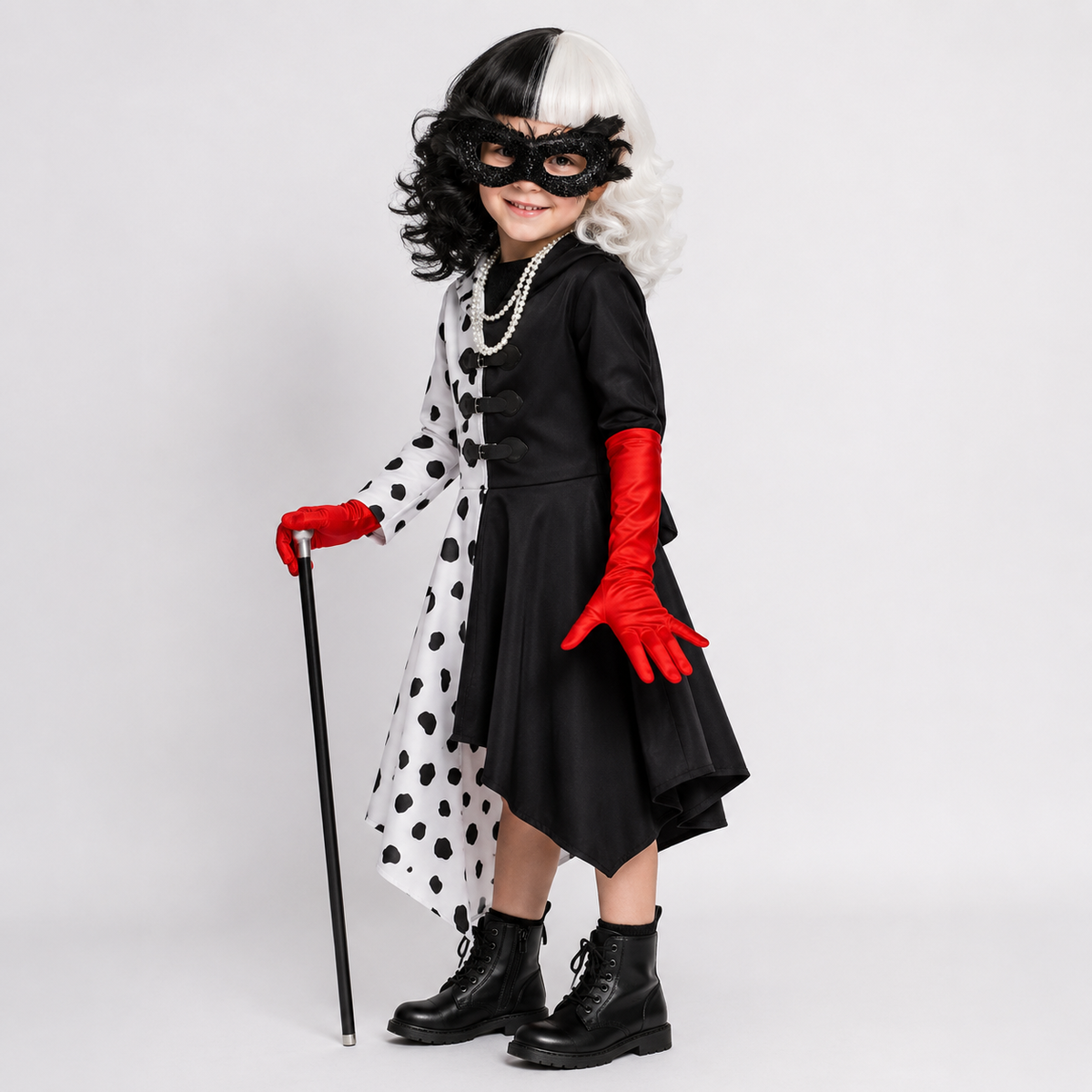 Kids' Halloween Villain Costume Dress with Hooded Design Dalmatian Print and Asymmetrical Handkerchief Hem - Image 1