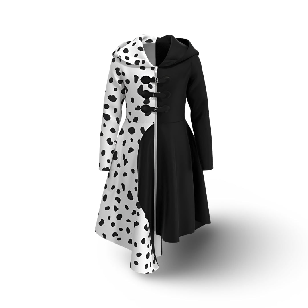 Kids' Halloween Villain Costume Dress with Hooded Design Dalmatian Print and Asymmetrical Handkerchief Hem - Image 2