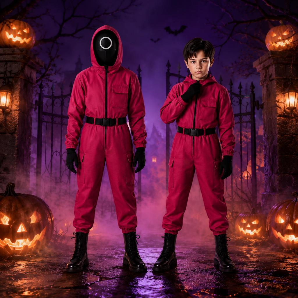 Kids' Red Hooded Jumpsuit Costume with Mask for Halloween - Image 1