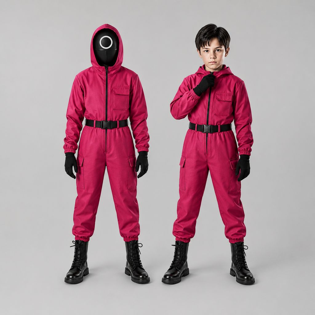 Kids' Red Hooded Jumpsuit Costume with Mask for Halloween - Image 2