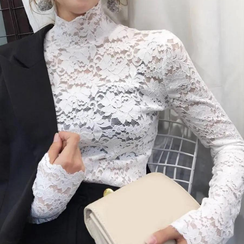 Lace Top with Long Sleeves Mock Neck and Floral Pattern for Going Out - Image 4