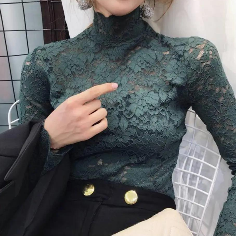 Lace Top with Long Sleeves Mock Neck and Floral Pattern for Going Out - Image 5